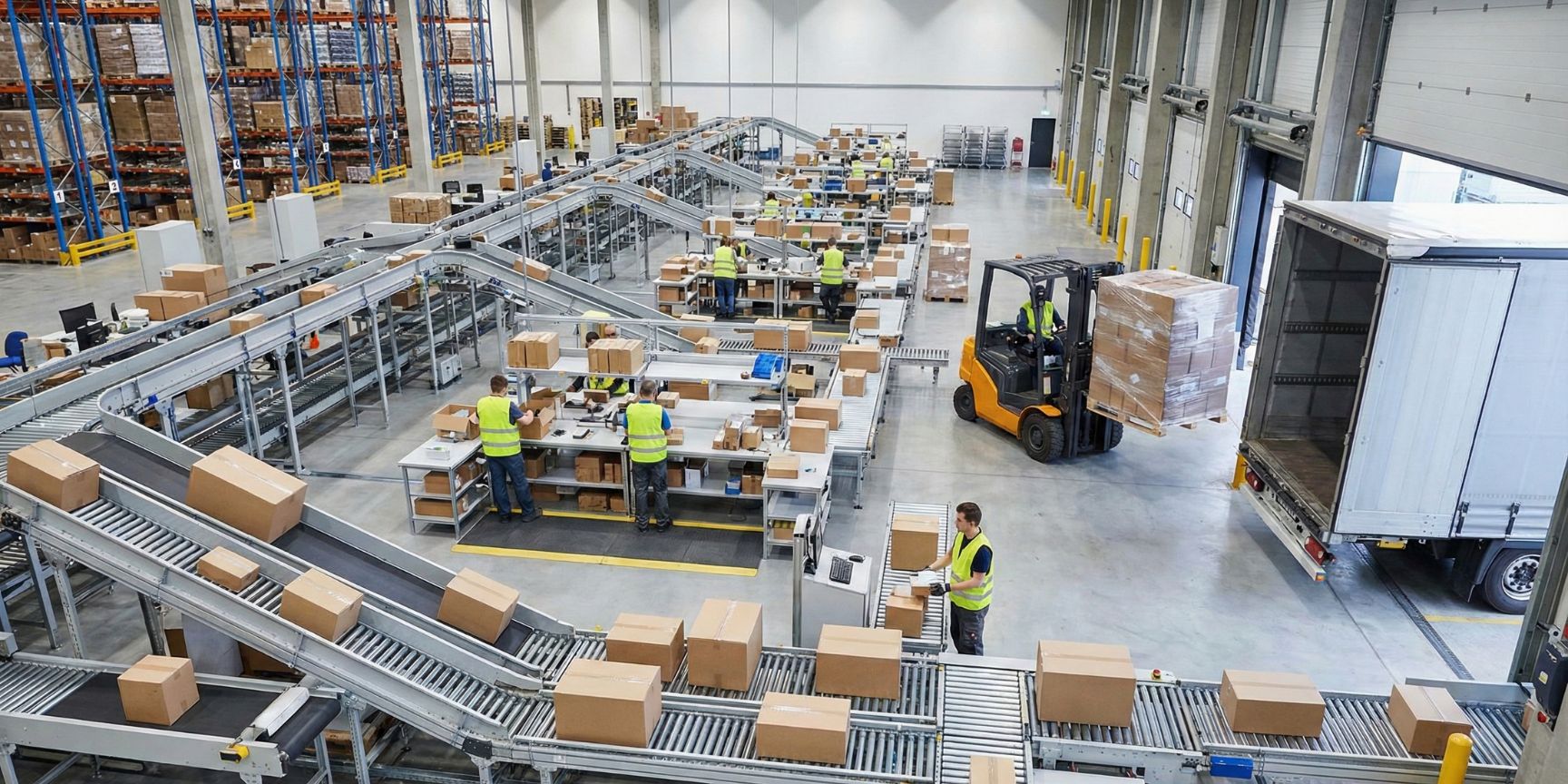 View into a modern logistics center with automated conveyor belts for parcels, employees at packing stations and a forklift loading a pallet into a truck at the loading dock – an example of efficient outbound logistics and warehouse processes